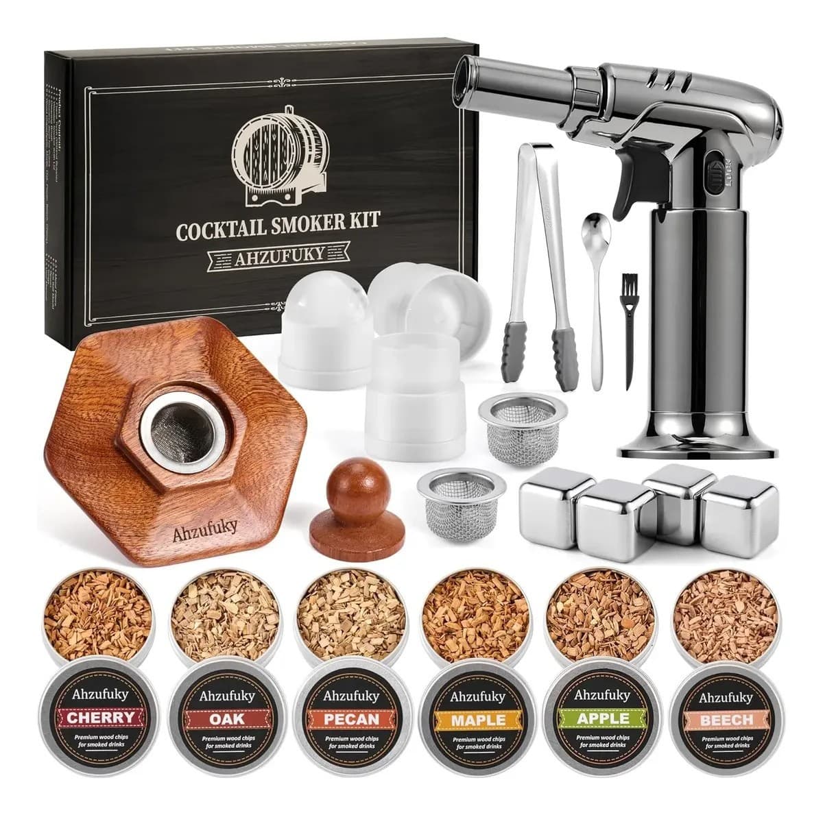 Amazon Whiskey Smoker 6 Fruit Wood Flavored Wood Chips Cocktail Solid Wood Hexagonal Base Smoking Kit