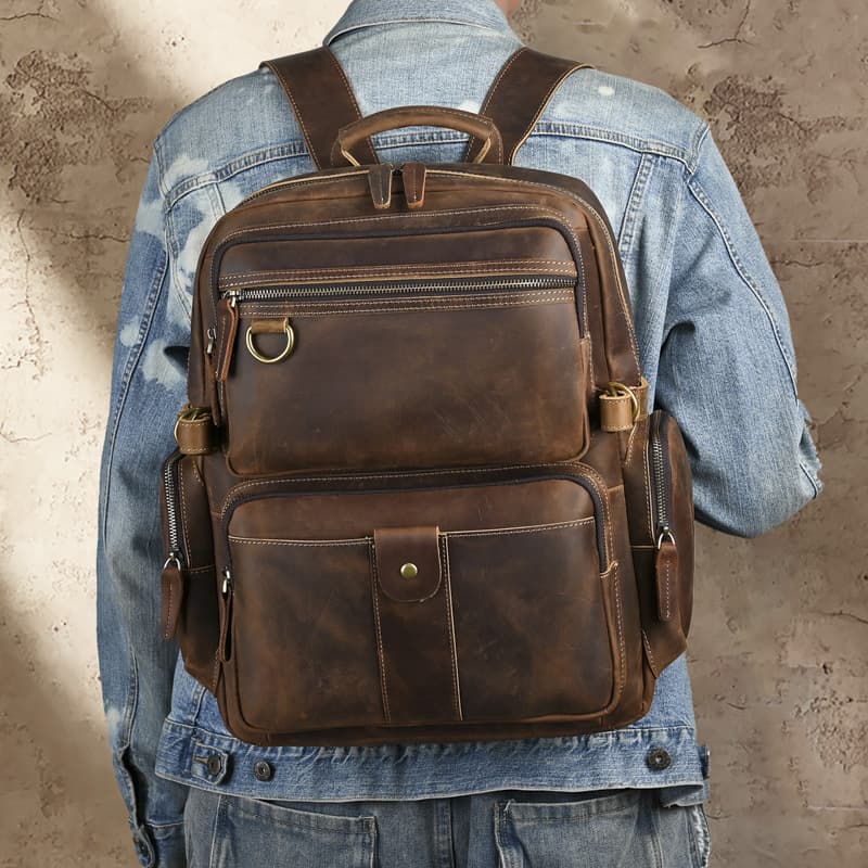 Men's Large Capacity Vintage Leather Shoulder Bag Top Layer Cowhide European And American Style Durable Daily Use Backpack