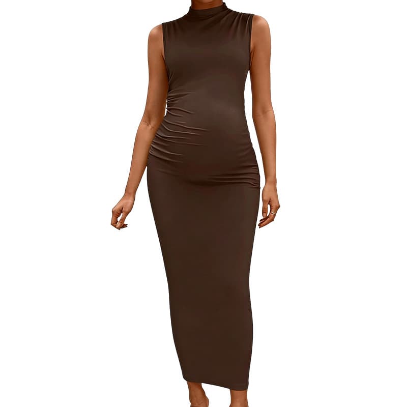 European and American Maternity Sleeveless Turtleneck Dress Solid Color Tight Fitted Pleated Long Dress Elegant Slim Dress for Pregnancy