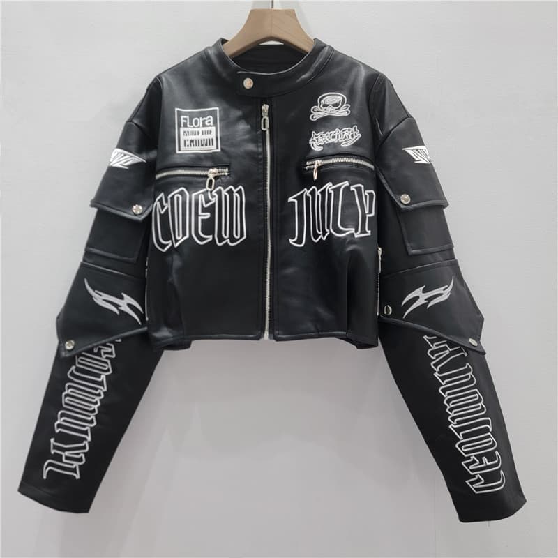 American Cool Trend Letter Embroidery Skull Motorcycle PU Leather Jacket Women's 2025 Spring Autumn New Short Jacket
