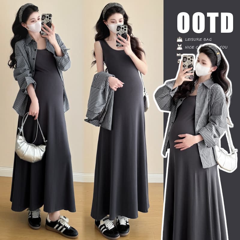 Pregnant women's suspender dress spring and autumn 2025 new temperament striped long-sleeved shirt hot mom vest long skirt two-piece set