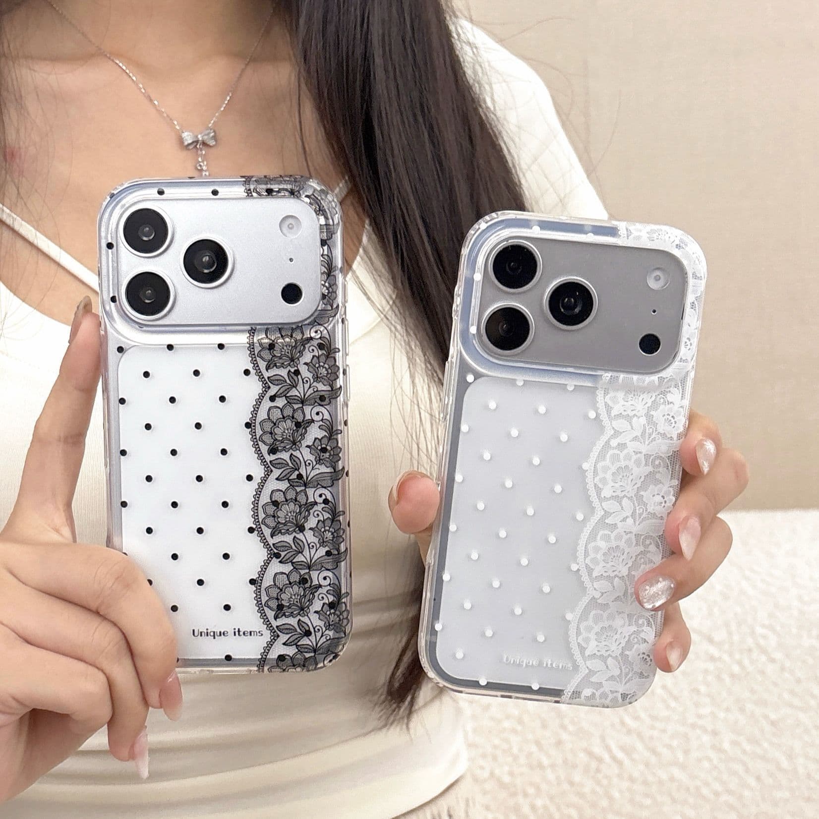 Korean Ins Polka Dot Lace Patch Compatible with Apple 17 Pro Max Phone Case iPhone 16/15 Girly 17