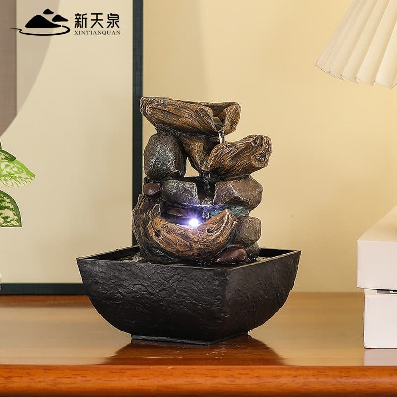 Xintianquan Chinese Retro Flowing Water Ornament Small Desktop Landscape Decor for Living Room Office with Automatic Water Circulation