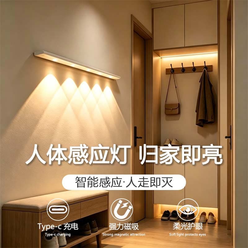 Cross-Border Smart Led Motion Sensor Light, Ultra-Thin Cat-Eye Light Strip, Rechargeable Wireless Magnetic Night Light for Wardrobe and Cabinet