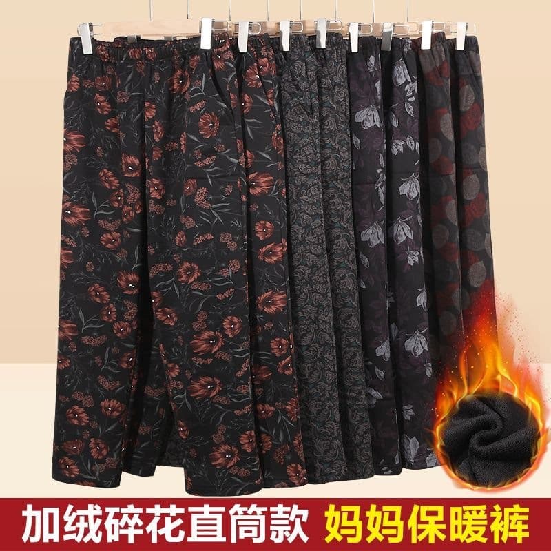 Middle-aged and elderly women's straight-leg trousers, spring and autumn velvet thickened mother's elastic pants, high-waisted grandma casual pants for the elderly