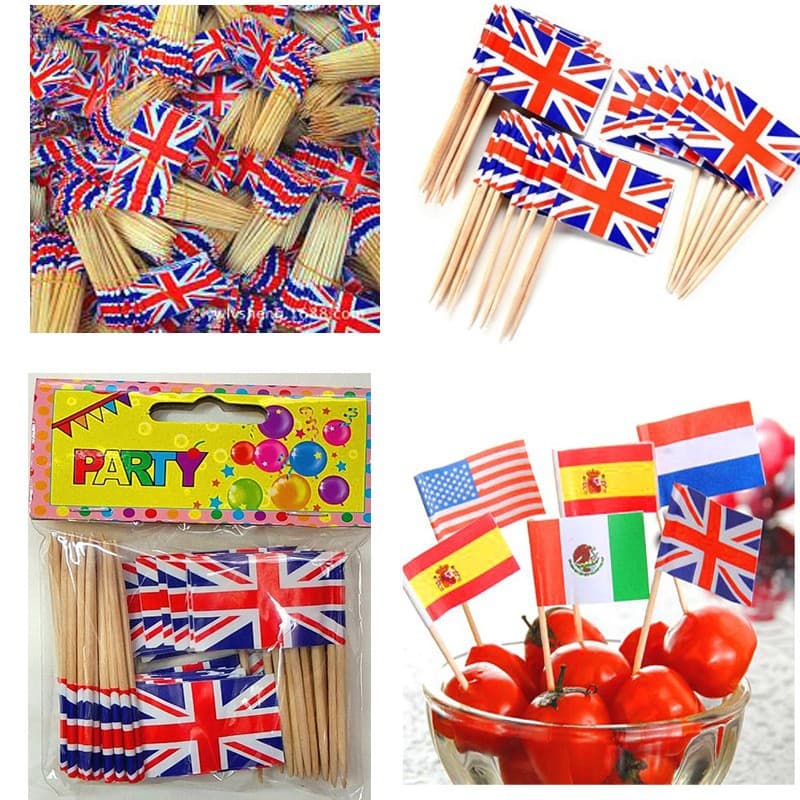 65mm Paper Flag Toothpicks for Birthday Party Cake Toppers, UK Flag Toothpick Flags, International Flags, Fruit Picks