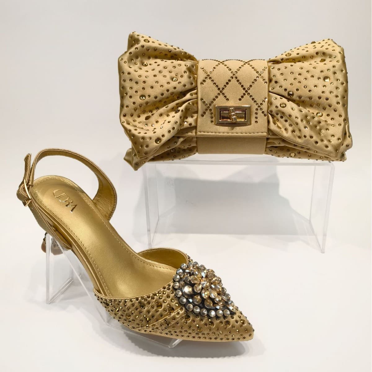2025 Women's High Heel Sandals and Evening Bag Set, Pointed Toe, Bow, Rhinestone, Clutch