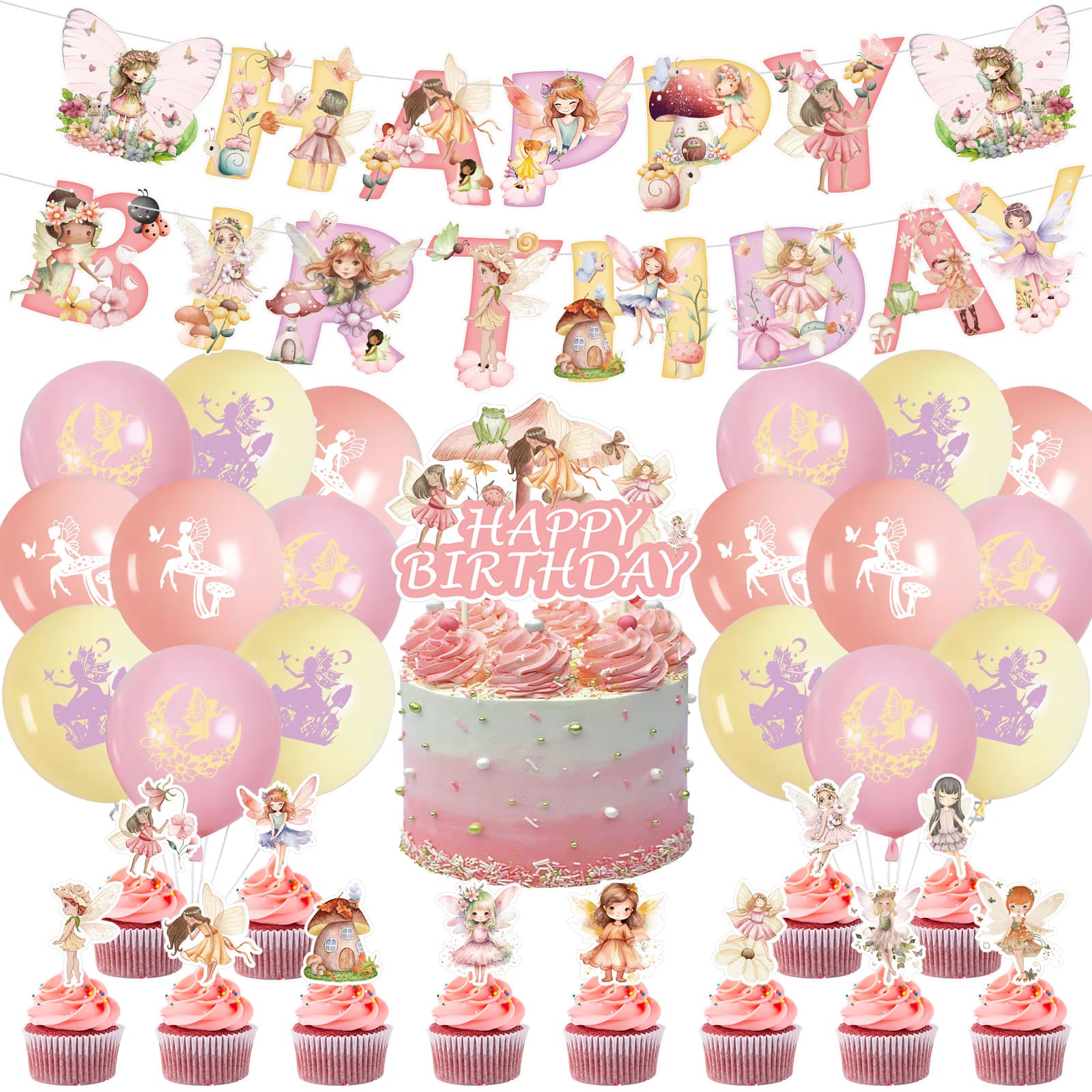 New Watercolor Fairy Theme Birthday Party Decoration Set Letter Banner Paper Garland Hanging Fairy BABY Box
