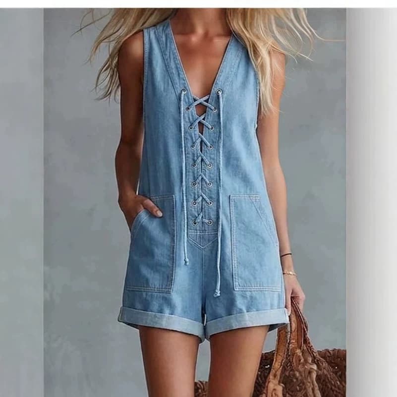 2026 Cross-Border Retro Lace-Up V-Neck Denim Jumpsuit Shorts, Washed and Distressed Sleeveless Loose Jumpsuit