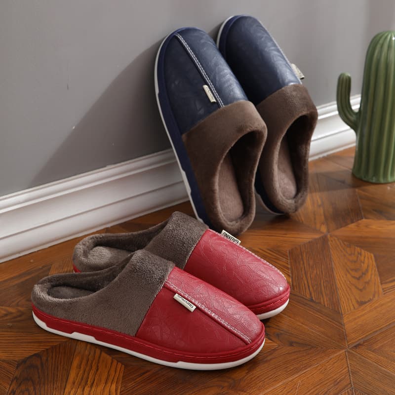New Autumn/Winter PU Leather Waterproof Home Cotton Slippers for Men and Women, Thickened Maternity Slippers