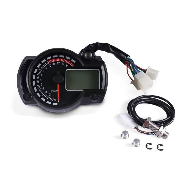 Motorcycle 12V Retrofit LCD Digital 7-Color Adjustable Tachometer, Speedometer Assembly, and Digital Odometer