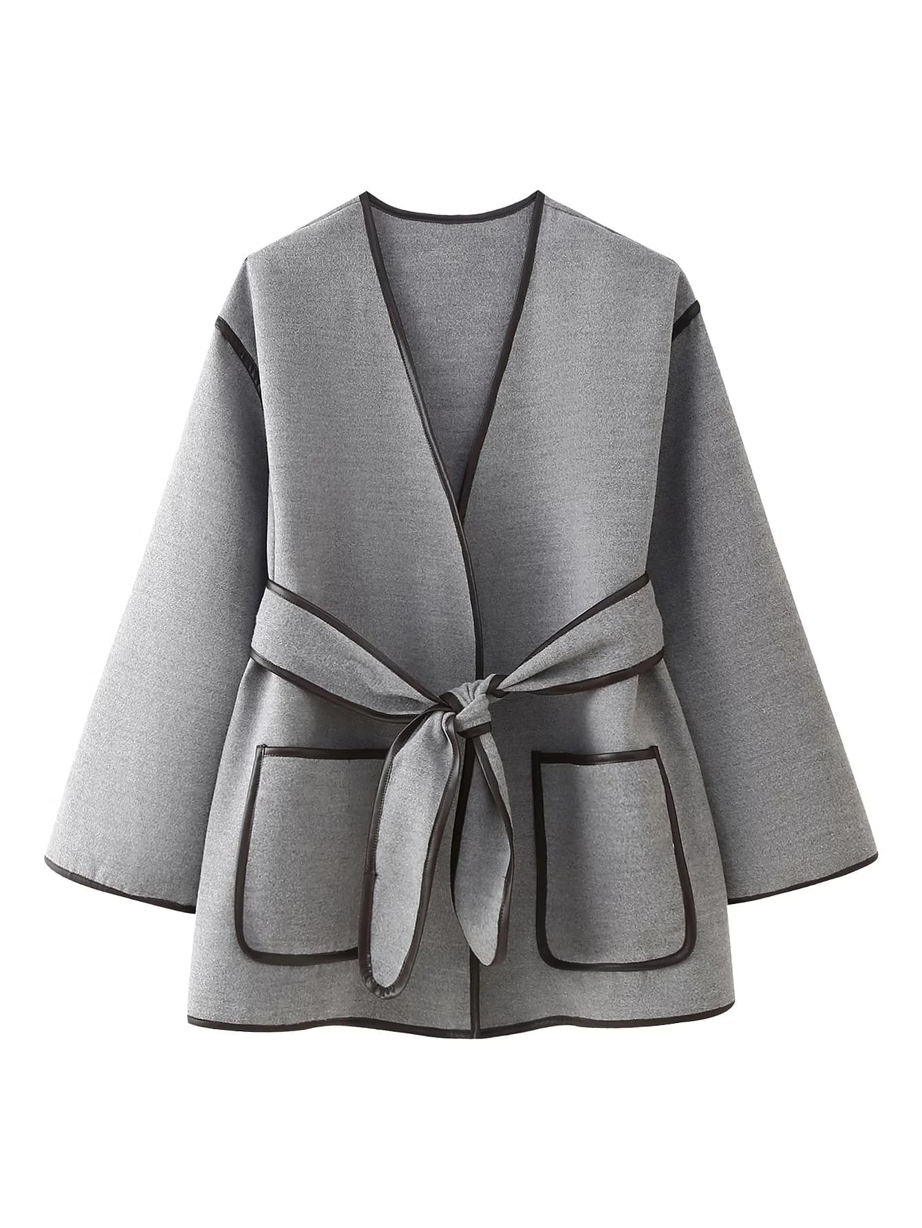 New Cross-Border Coat 2024 Autumn European and American Cape Women's Fashion Belt Contrast Double-Faced Wool Coat