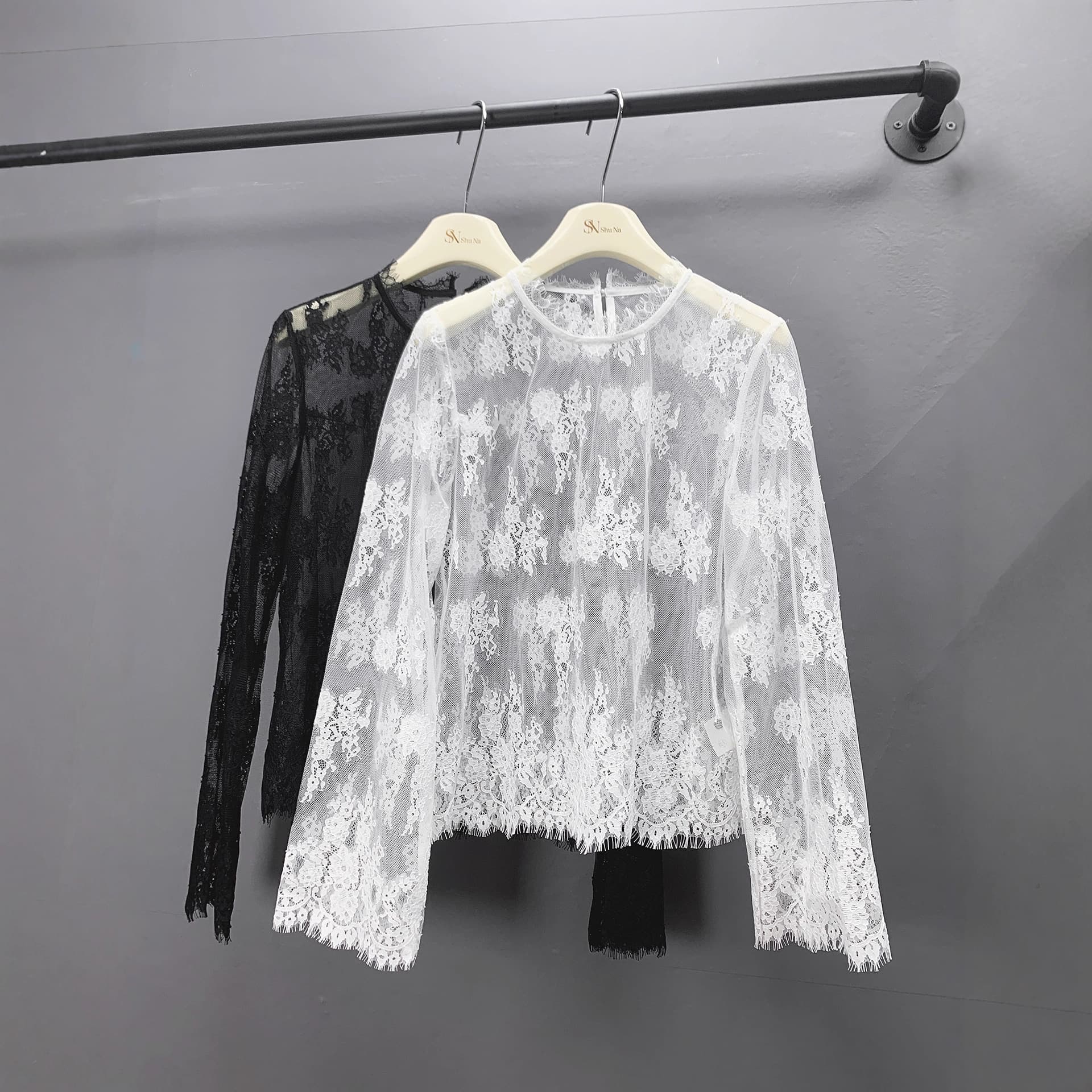 Round Neck Lace Blouse Women Sexy Sheer Mesh Top Long Sleeve Layered Sun Protection Cover-up