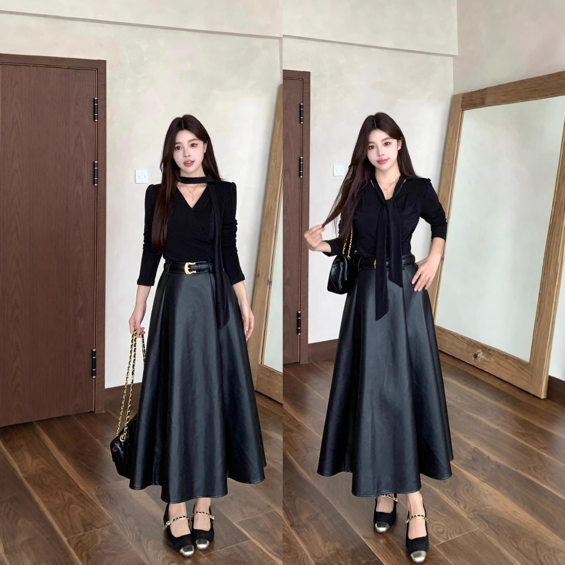 Plus Size Women's Fall/Winter Two-Piece Set Black PU Leather Skirt Youthful Style