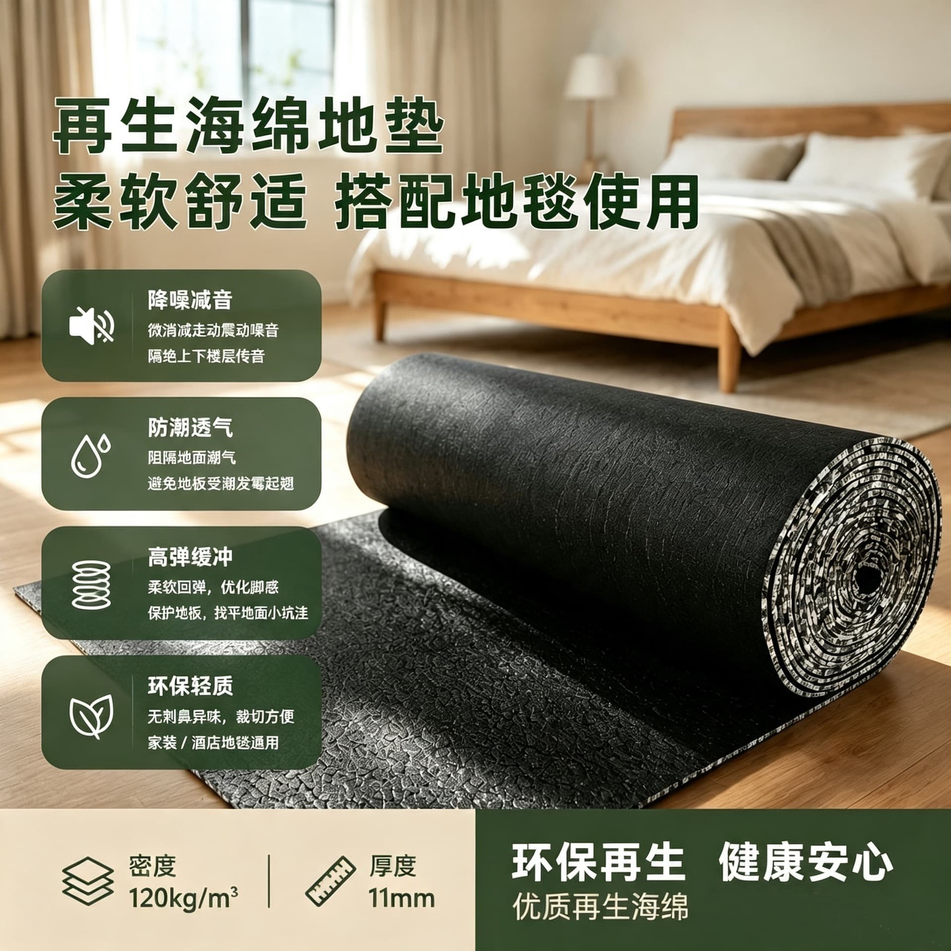 PU Foam Carpet Underlay - High Density Carpet Padding, Foam Floor Mat, Moisture Barrier, Soundproof Carpet Roll
