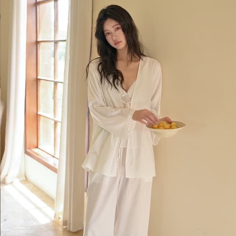 Three-Piece Pajama Set with Breast Pads, Spring and Autumn Women's Long-Sleeved Woven Cotton Casual Simple Sexy Pure Desire Home Wear Set