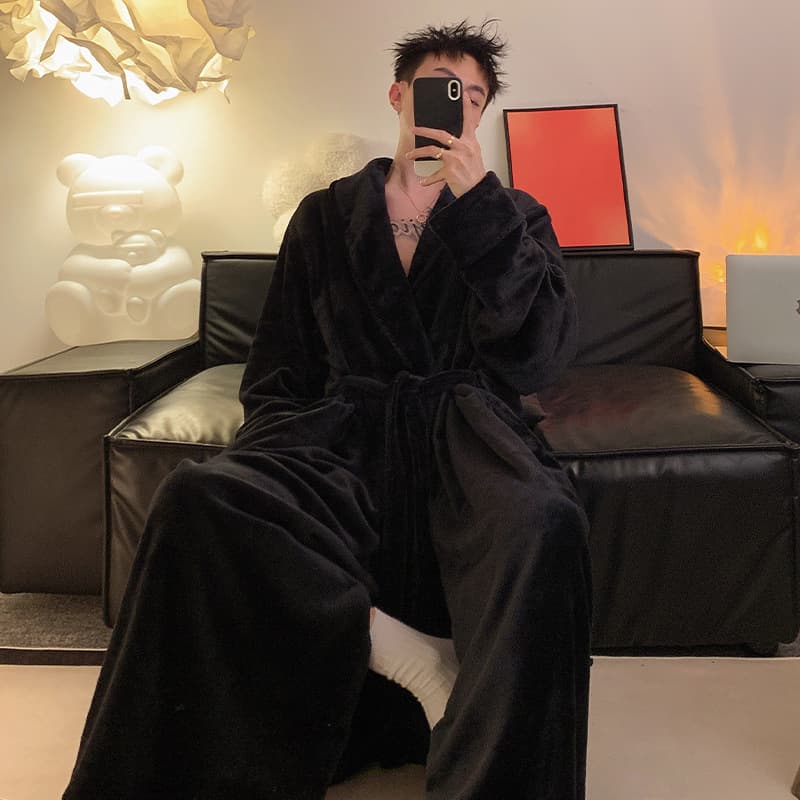 Super Long Couple Nightgown Women's Autumn Winter Coral Fleece Lined Thickened Plus Size Men's Long Bathrobe Nightgown