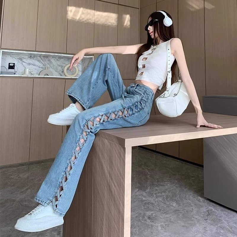Cross-border Trade European and American Vintage Washed Wide-Leg Jeans for Women, Side Cross Hollow Design Straight-Leg Long Pants