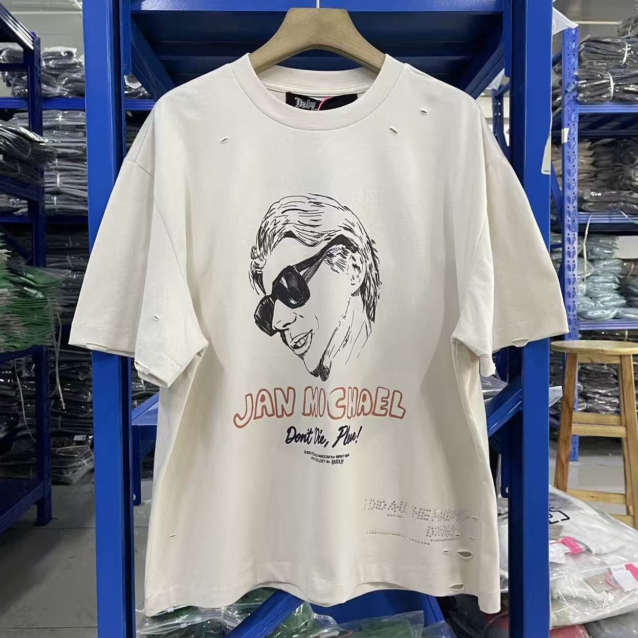 Rare PalyHolly 26SS woodJanMichael Washed Distressed Rhinestone Short Sleeve T-Shirt for Men and Women