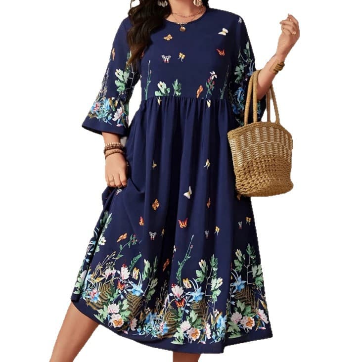 2026 Cross-border US Vacation Elegant Floral Plus Size Loose Dress with Flared Sleeves, V-Neck, Elastic Waist, Butterfly Design for Women
