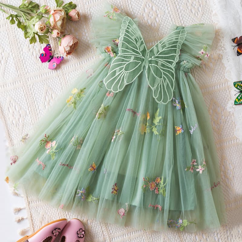 Amazon Korean Style Floral Embroidery Girls' Mesh Dress Fly Sleeve Strapless Children's Dress Princess Dress Puffy Skirt