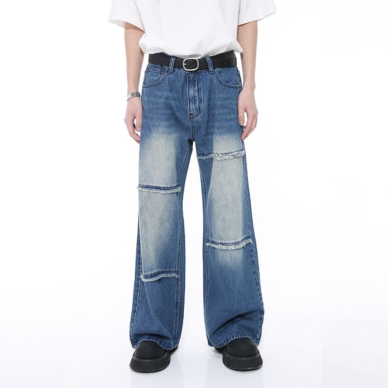 American High Street Style Cleanfit Autumn Frayed Design Blue Jeans for Men and Women Loose Straight Leg