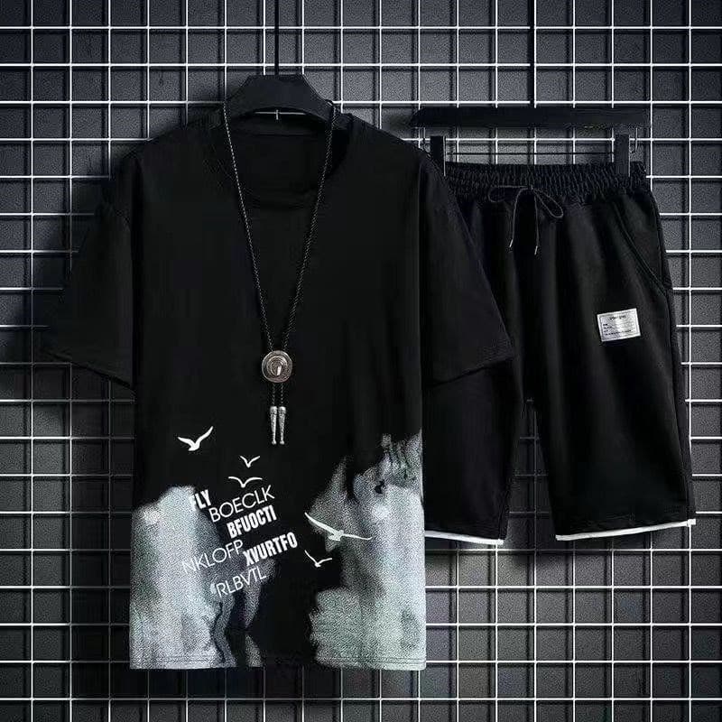 Ice Silk Short Sleeve T-Shirt Summer Men's Trendy Sports Casual Set with Stylish Shorts Streetwear Outfit