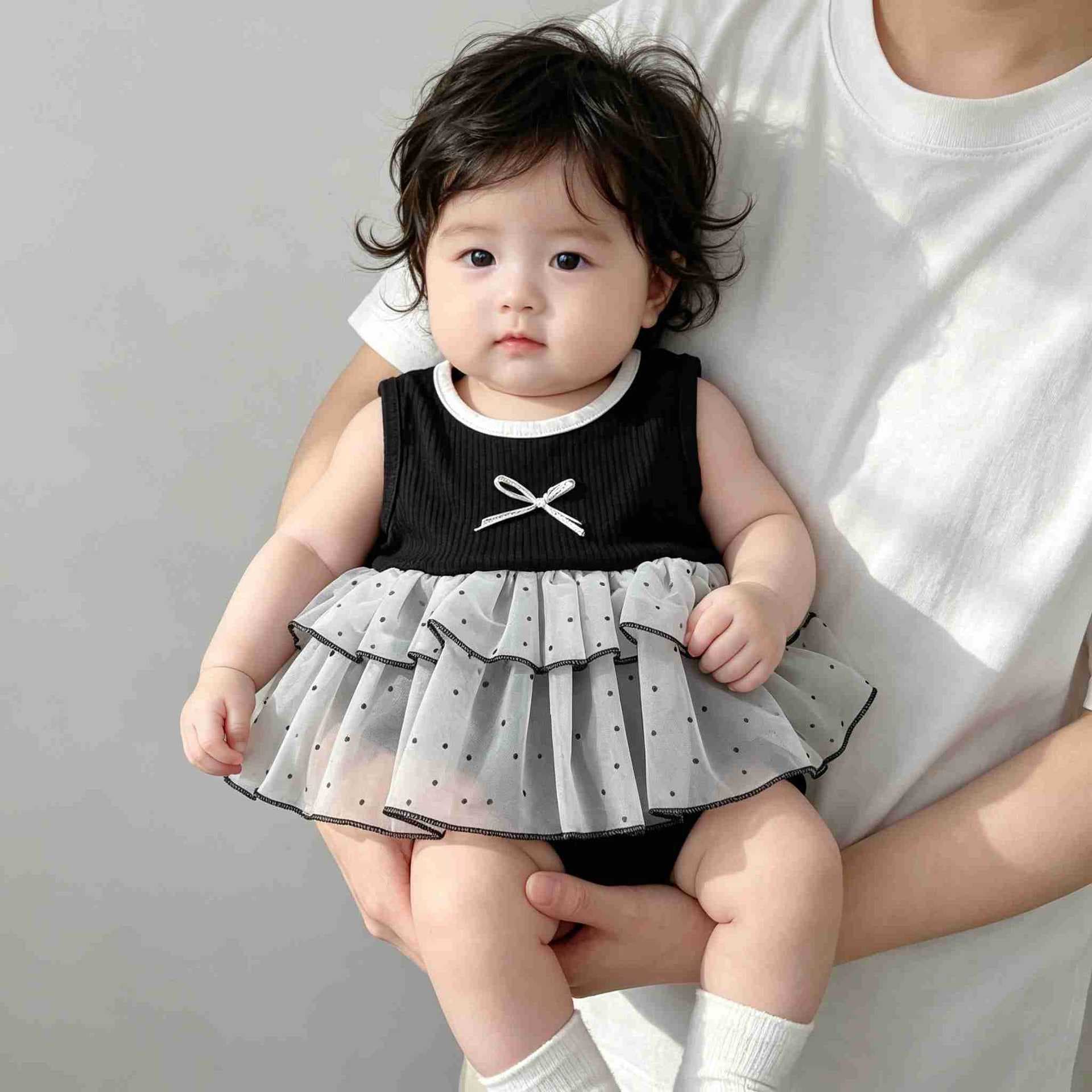 Baby Girl Summer New Black Sleeveless Dress with Ballet Polka Dot Tutu Bodysuit