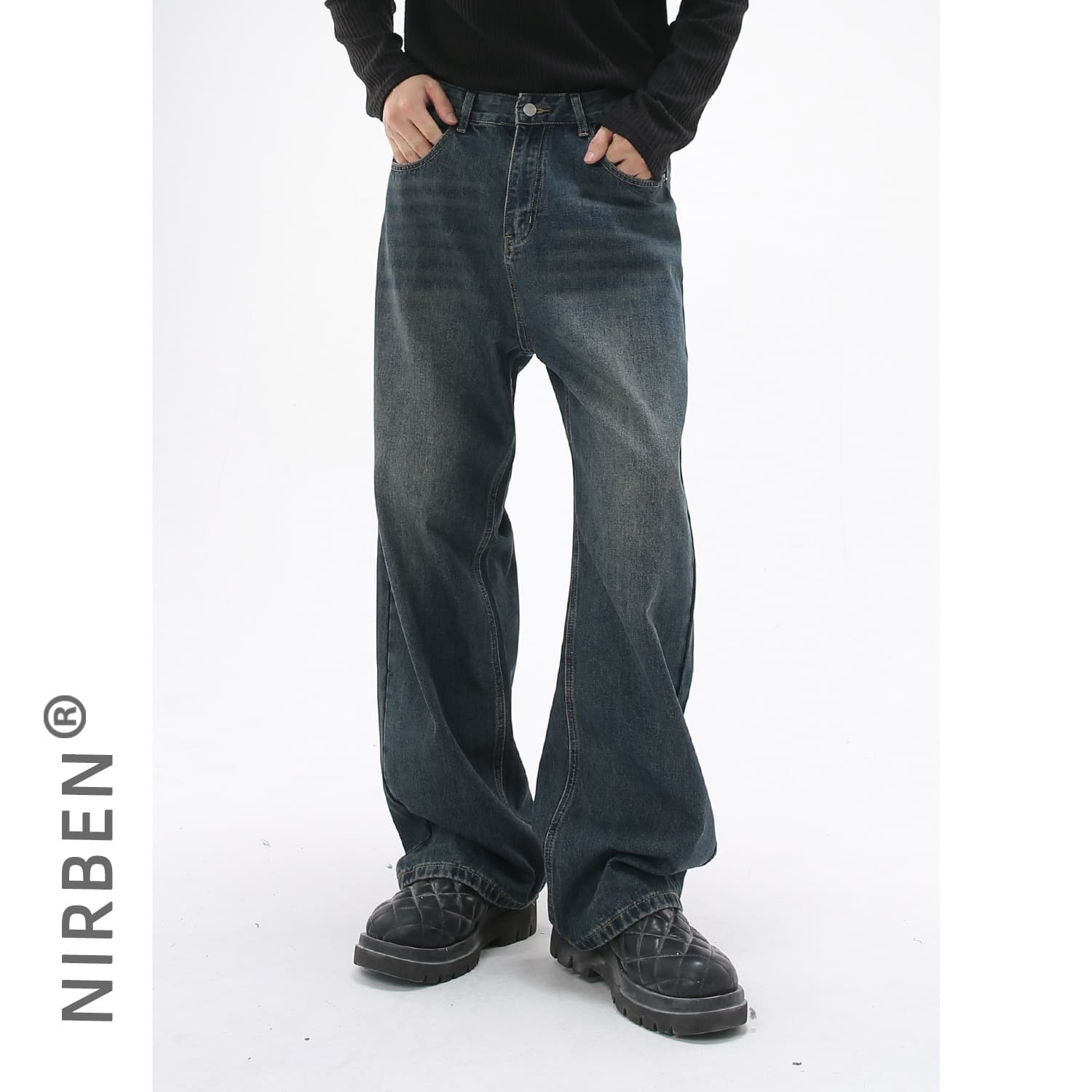 Nirben Denim | Korean Style Basic Washed Distressed Blue Denim Loose Straight-Leg Casual Pants