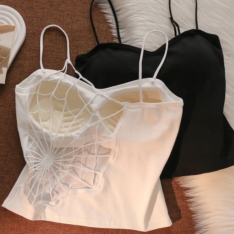 White Camisole Top for Women Summer Inner Wear with Built-in Pads Spider Web Back Design Sweet and Spicy Bustier Top