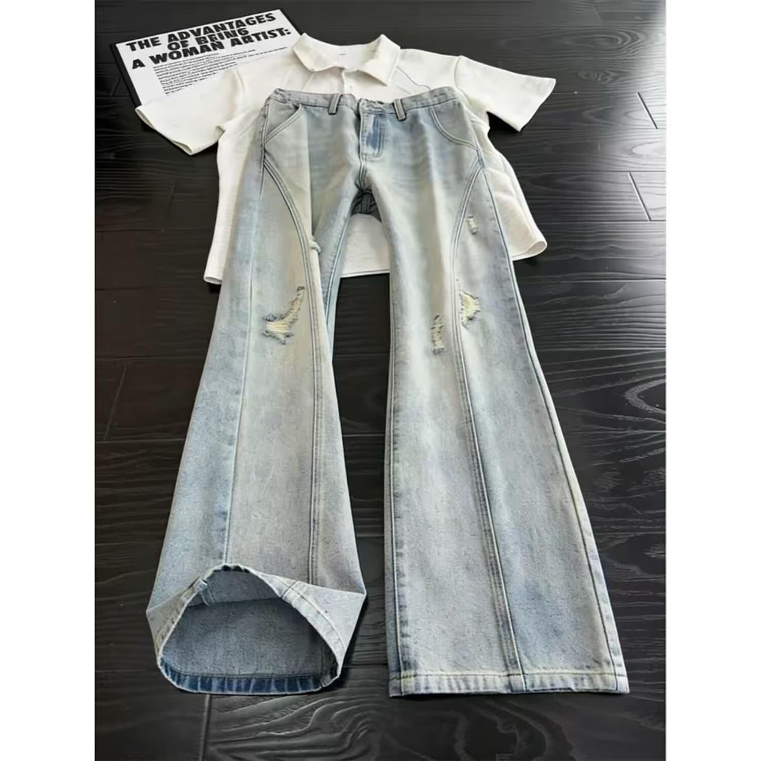 Summer Thin Light Blue Distressed Ripped Jeans Men Loose Straight Wide Leg Pants Men Hong Kong Style Versatile Jeans