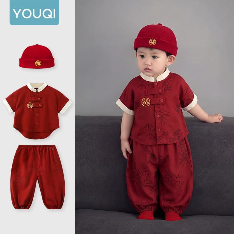 Youqi 1st Birthday Outfit Baby Boy Girl Two-Piece Set Infant Summer 100 Days Red Baby Clothes
