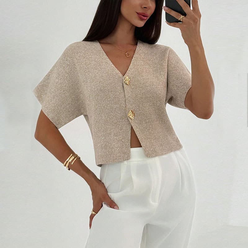 New Fashion V-Neck Short-Sleeve Knit Top for Women, Amazon Solid Color Design Single-Breasted Cardigan