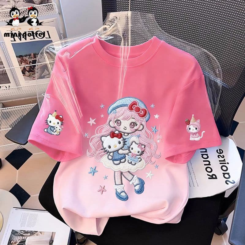 Girls Short Sleeve T-Shirt 2026 New Style, Cartoon Print Summer Ice Silk Cool Feeling Gradient Top for Kids