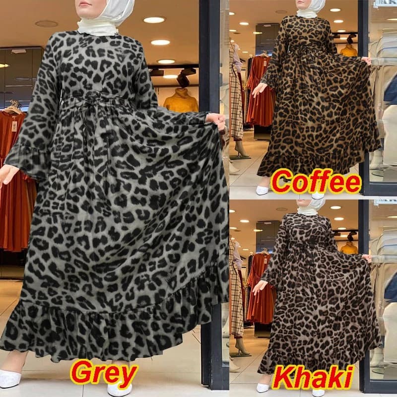 Autumn Leopard Print Comfortable Casual Style Long-Sleeve Tie-Waist Flared Dress Loose Fit