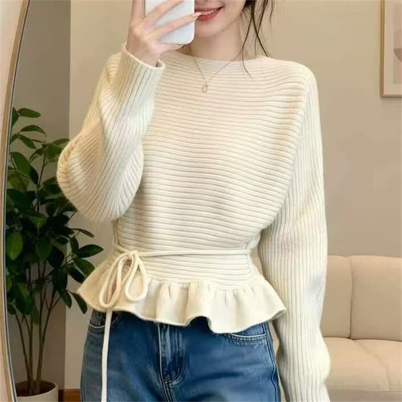 Autumn/Winter Korean-style Ruffled Round Neck Knit Top for Women, Slim Fit with Waist Tie, Versatile Long-Sleeve Base Layer Shirt