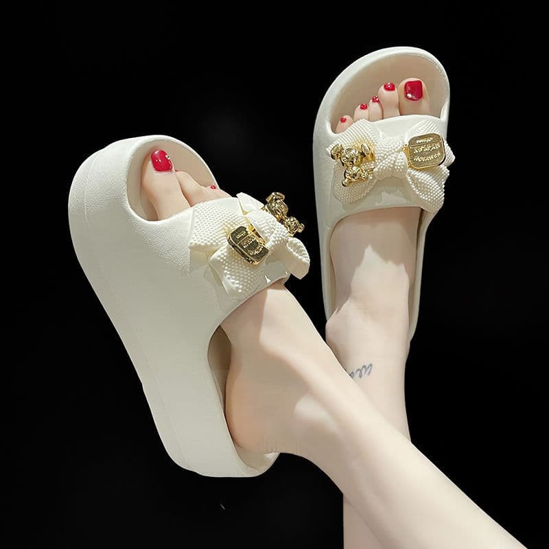 Summer Cute Bear Bow Premium Slippers for Women, Platform Thick Sole High Heel Beach Non-Slip Slides
