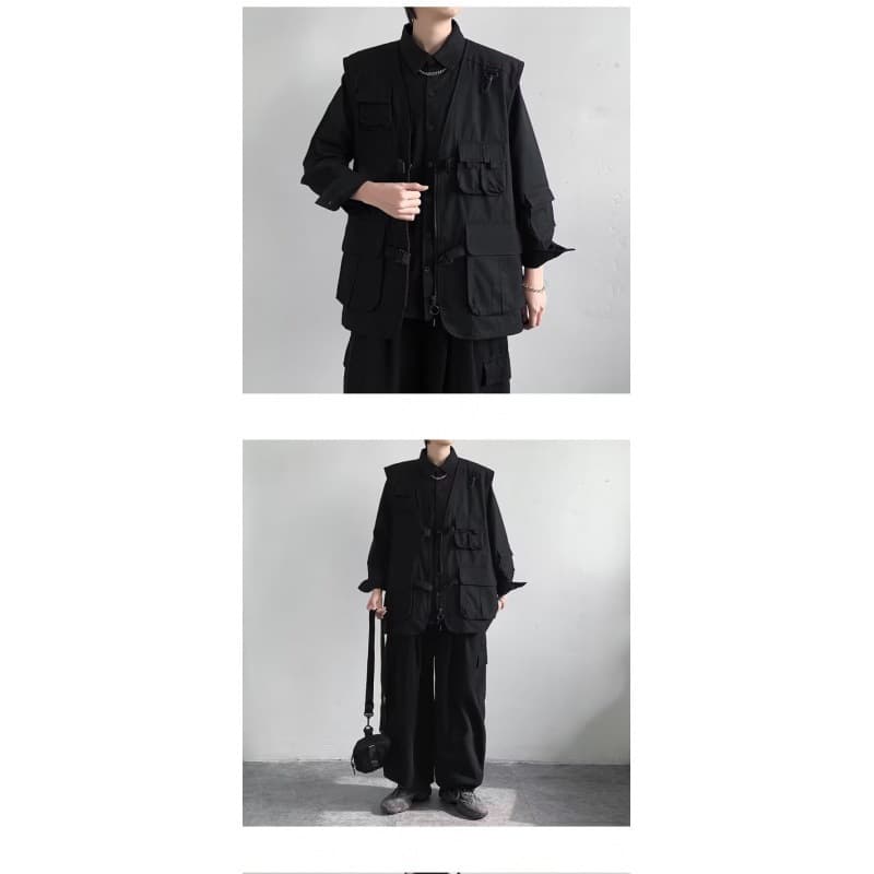Tactical Vest Men's Trendy Jacket Handsome Workwear Top Polyester Fiber Summer Casual Round Hem No Special Process