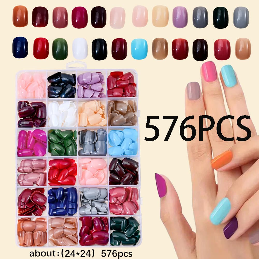 Cross-border 24-grid 576 pieces short colorful press-on nails, simple and fashionable nail tips, removable fake nails wholesale