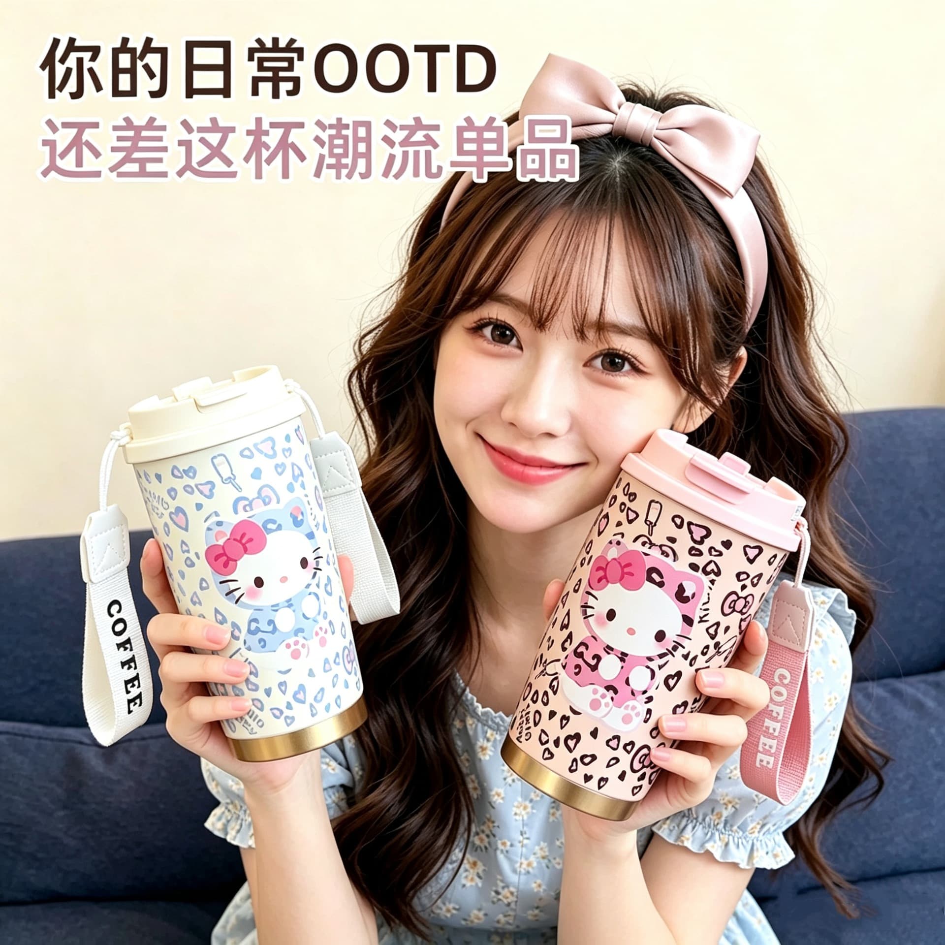Cartoon leopard print Hello Kitty thermos cup for girls, cute stainless steel straw cup for students, large capacity, portable and good-looking