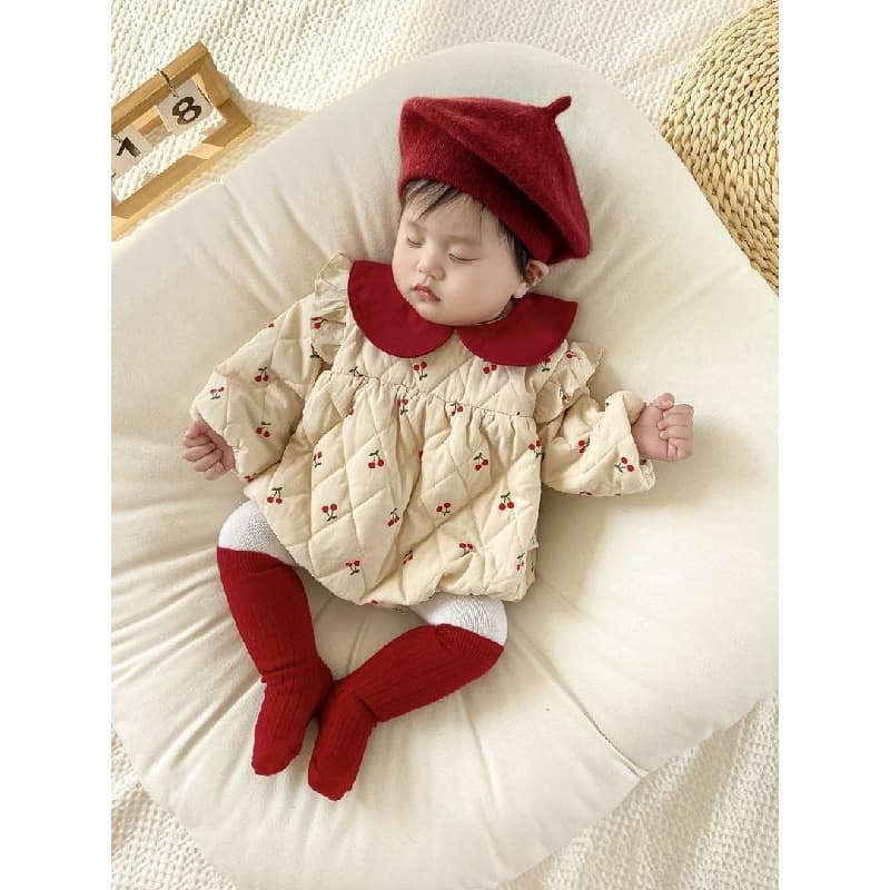 Baby Romper Winter Clothes Cute Cherry Quilted Fleece Lined Bodysuit Baby Girl Princess Sweet Warm Cotton Padded Jumpsuit