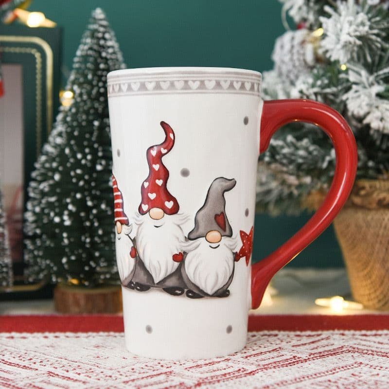 Christmas tall mug, large capacity, ceramic, embossed, cute, trendy, milk cup, office tea cup