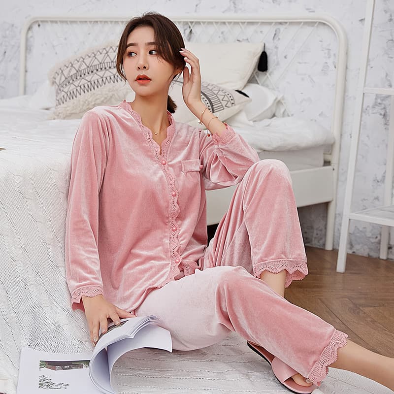 2023 new style golden velvet lace sweet pajamas for women long-sleeved trousers home two-piece home clothes