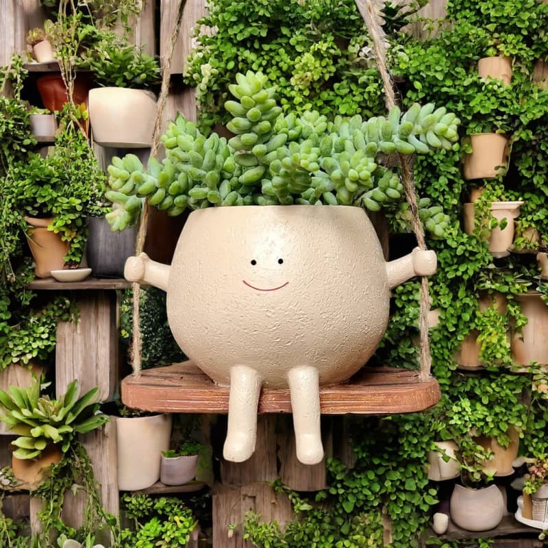 Cute Smiley Face Succulent Swing Planter, Creative Hanging Hydroponic Pot, Balcony Decor