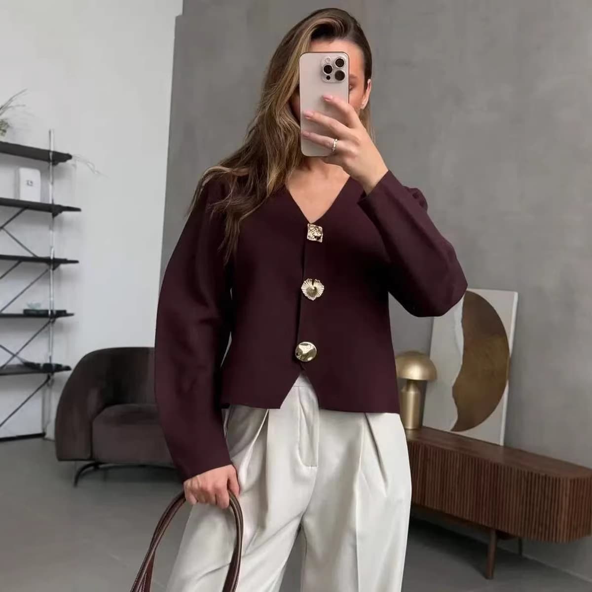 Amazon cross-border short knitted cardigan for women 2026 spring and autumn new slim fit metal button sweater