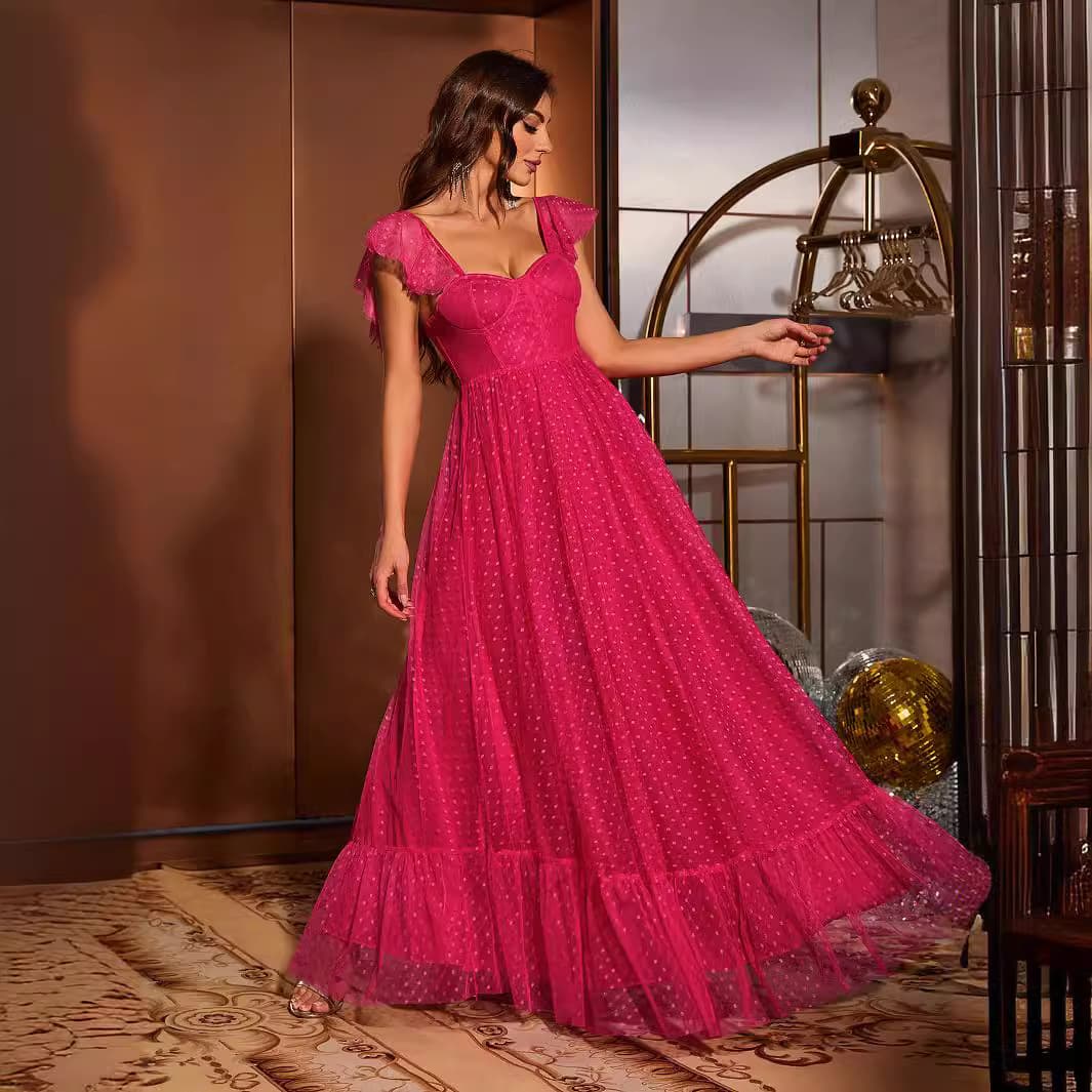 Rose red fairy-like full-length adult ceremony bestie banquet dress European and American lace high-waisted long evening dress