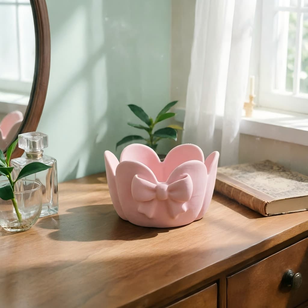 Cross-border Hot 3D Printed Pink Cute Ruffle Bow Jewelry Dish Storage Home Desktop Decoration