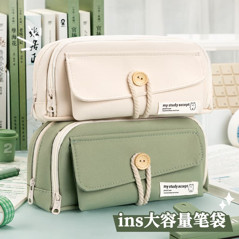 Button Pencil Bag with Good Looks for Girls, Large Capacity, Simple Ins Student Creative Canvas Stationery Bag, Pencil Stationery Box