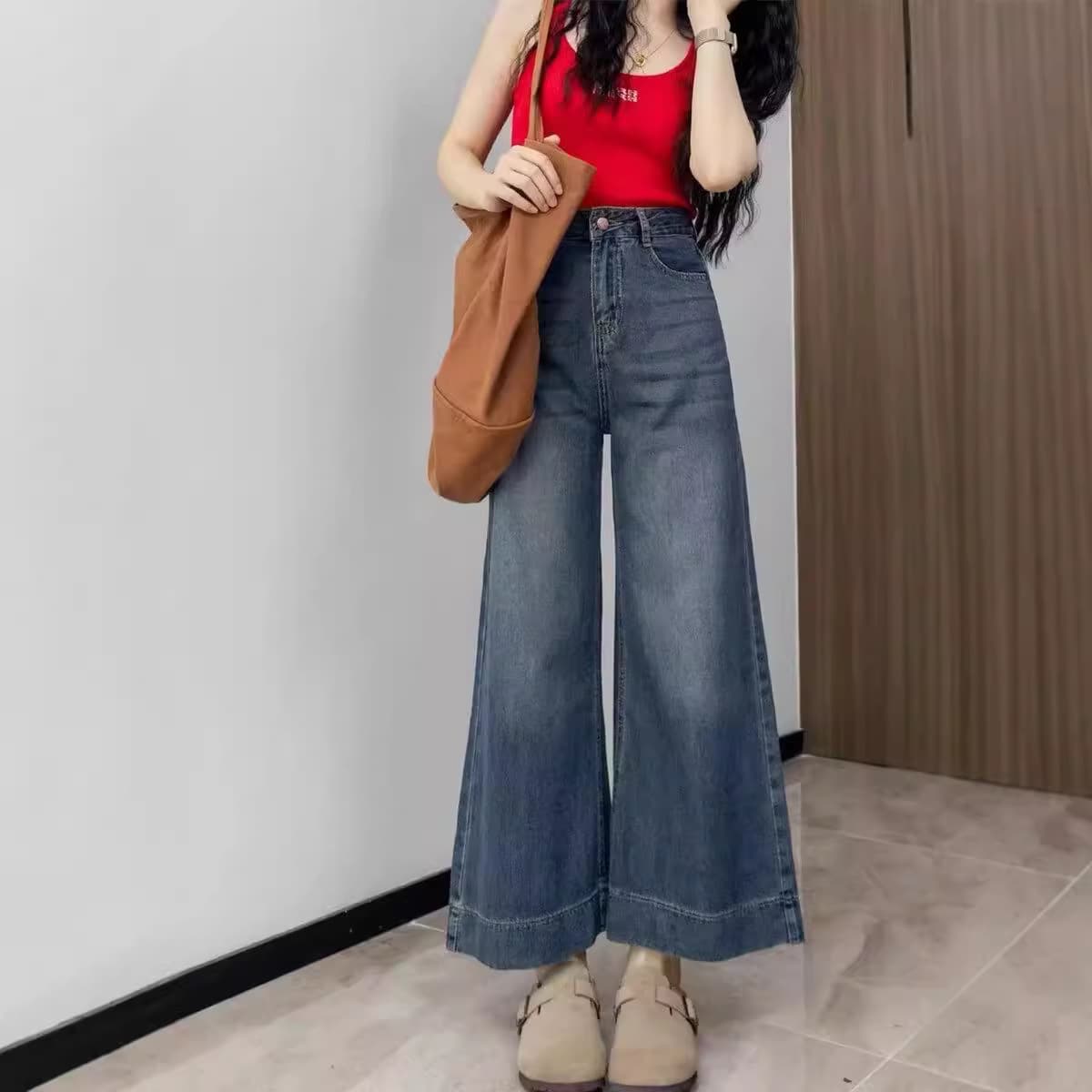 Vintage Hong Kong Style Wide Leg Plus Size Jeans for Women, Early Autumn New High Waist, Petite Pear Shape Body Straight Wide Leg Pants