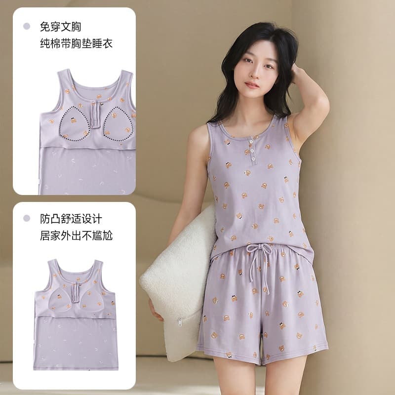 [With chest pad] New summer style pure cotton women's vest shorts pullover pajamas cartoon casual women's home wear round neck
